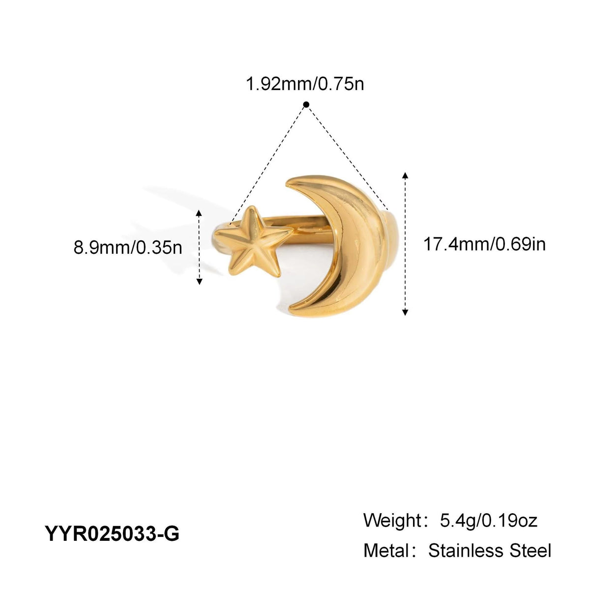 Celestial Crescent Moon & Star Open Ring