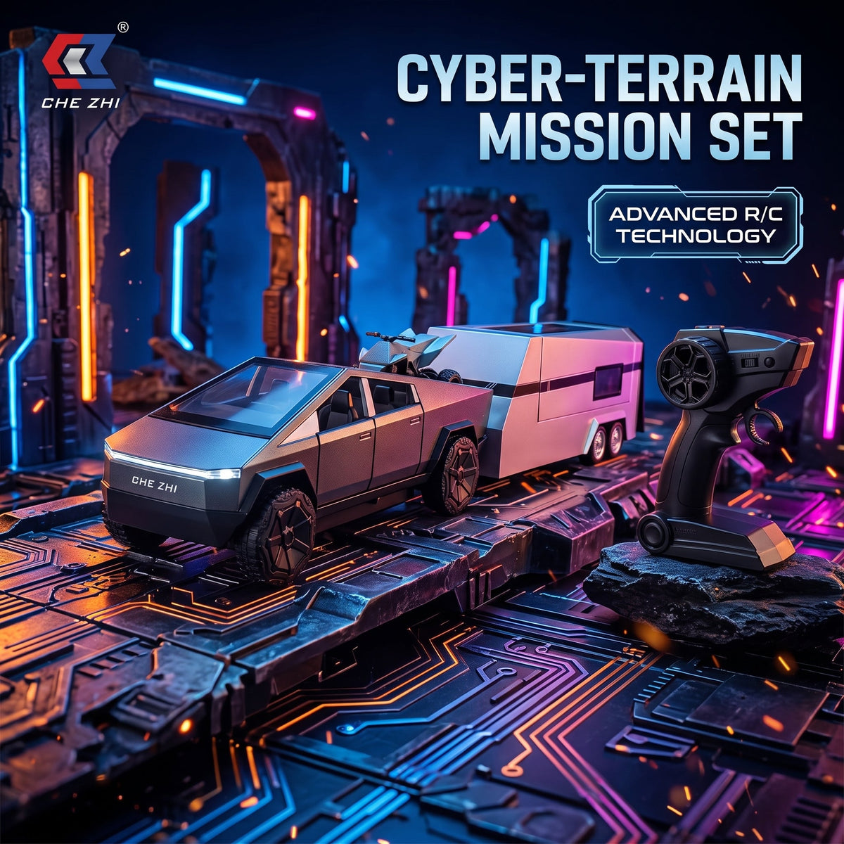 Alloy Remote Control Cyber Truck with Caravan Trailer