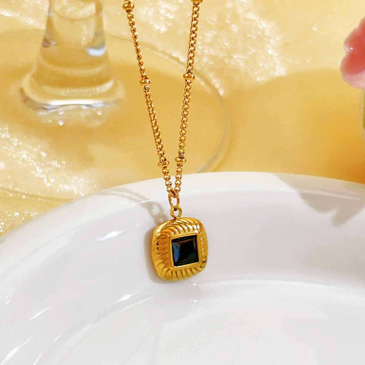 Gold-Tone Green Square Pendant Necklace