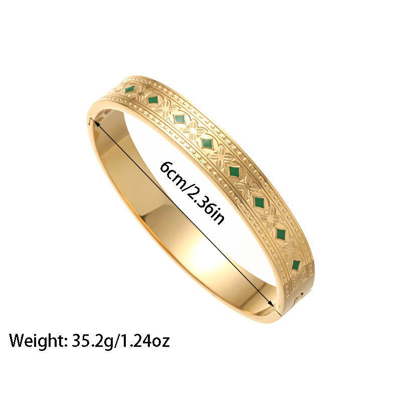 Vintage Engraved Clover Green Enamel Bangle