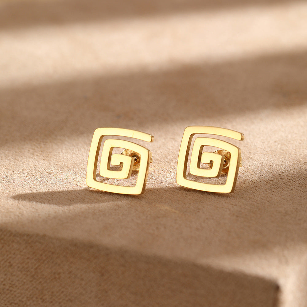 Spiral Square Gold Stud Earrings