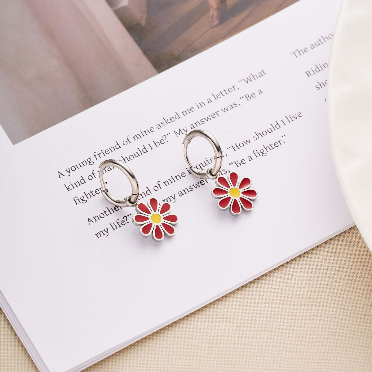 Red Daisy Huggie Drop Earrings