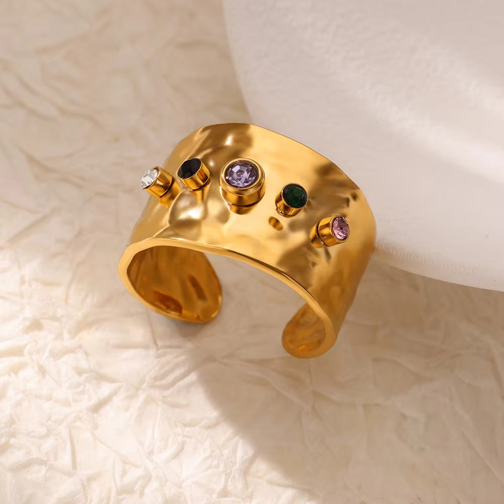 Chunky Gold Open Ring with Colored Crystals