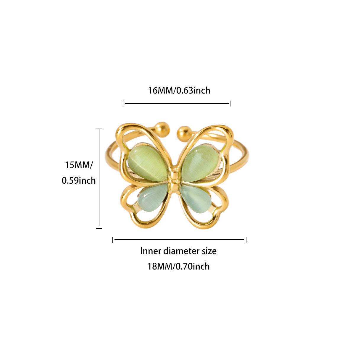 18K Gold Plated Green Butterfly Adjustable Ring