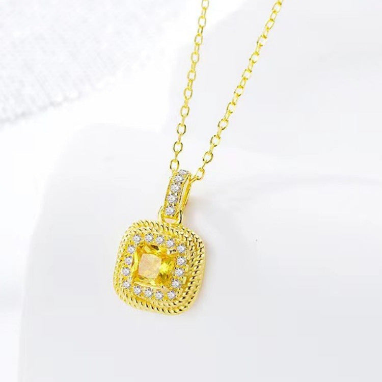 Vintage Cushion-Cut Yellow Crystal Halo Necklace
