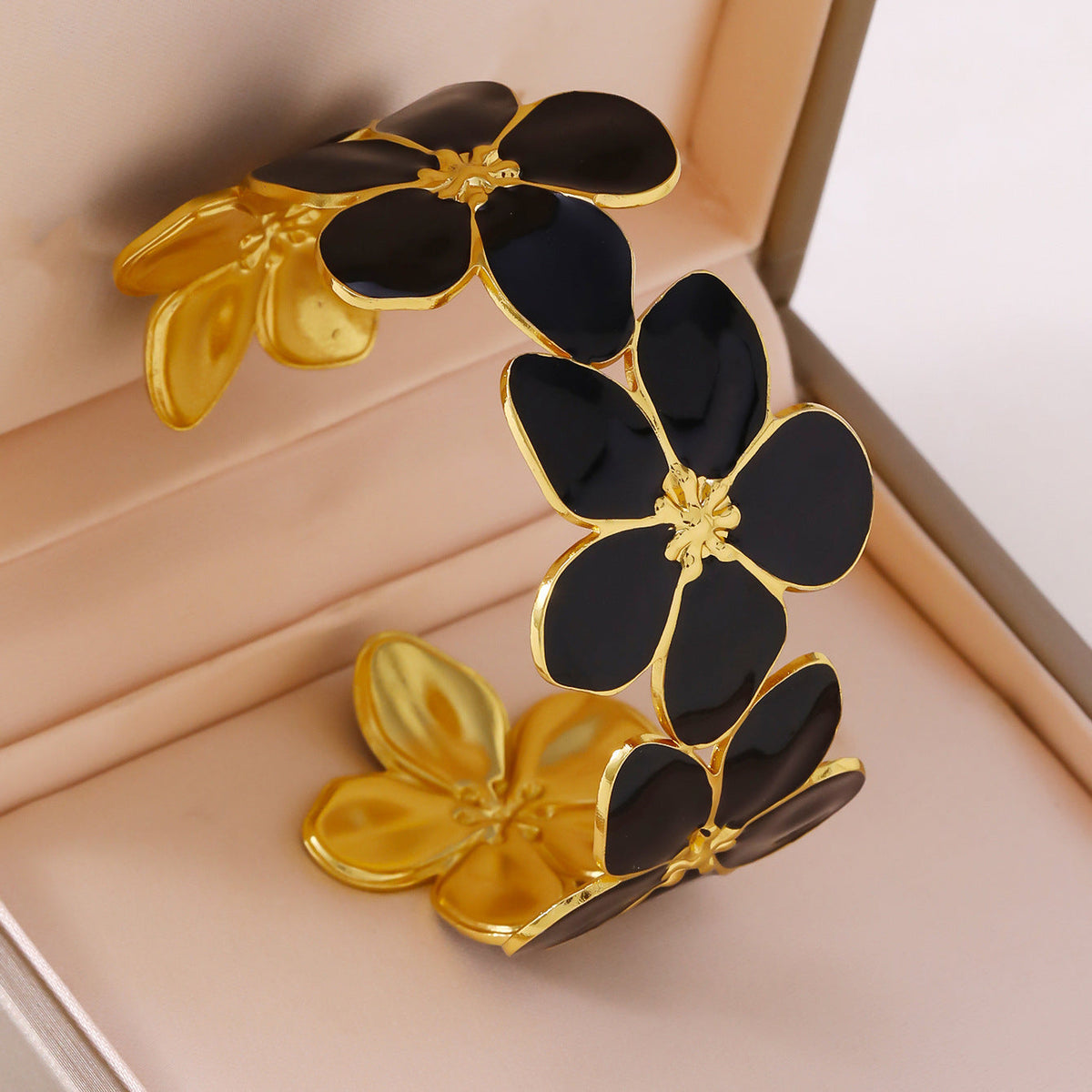 Gold-Plated Black Floral Adjustable Cuff Bangle