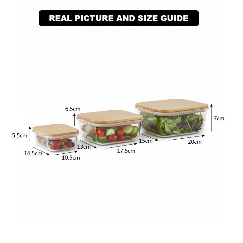 3Pcs Airtight Bamboo-Lid Glass Bowls Set (1144) – Square