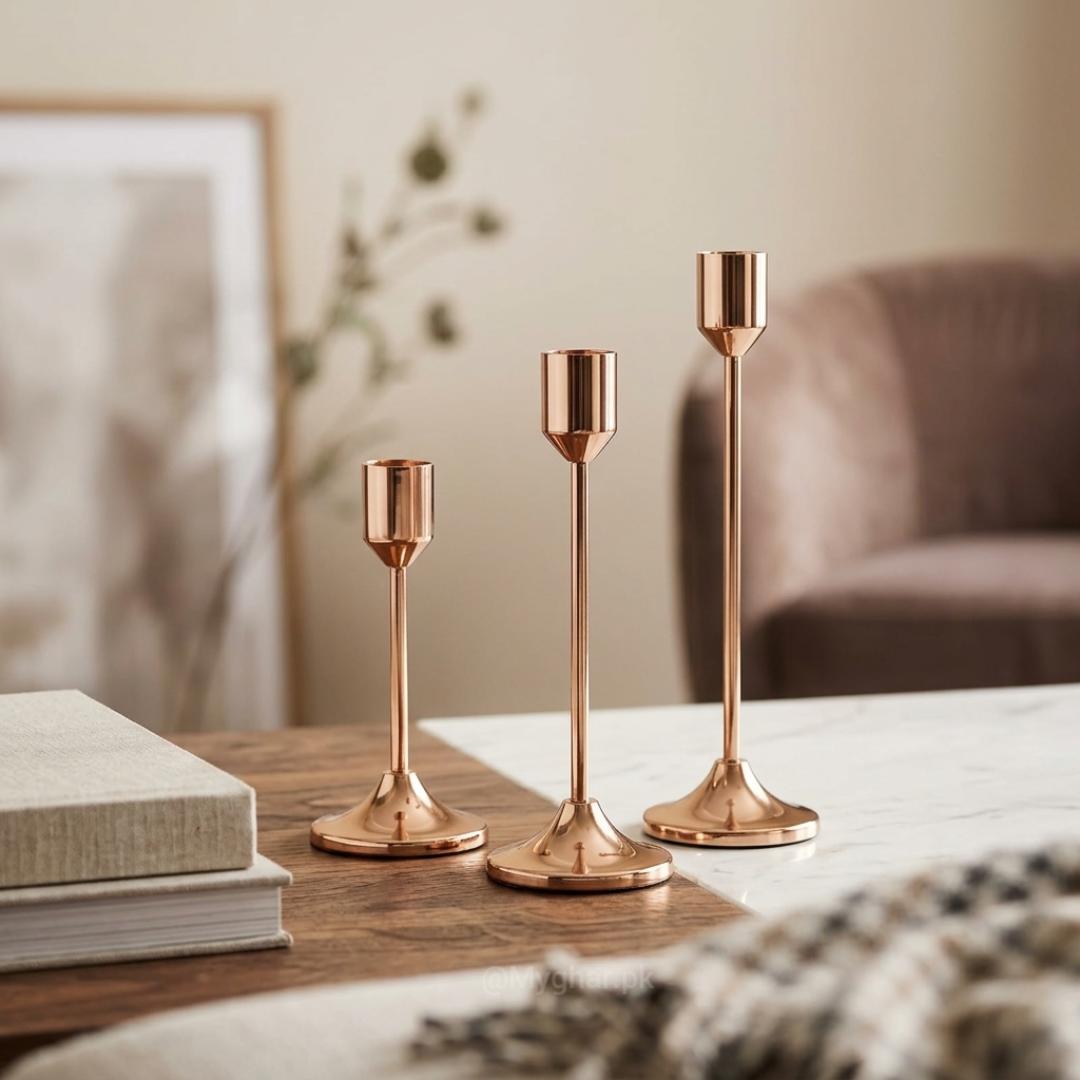 Luxury Rose Gold Metal Candle Holder Set of Three