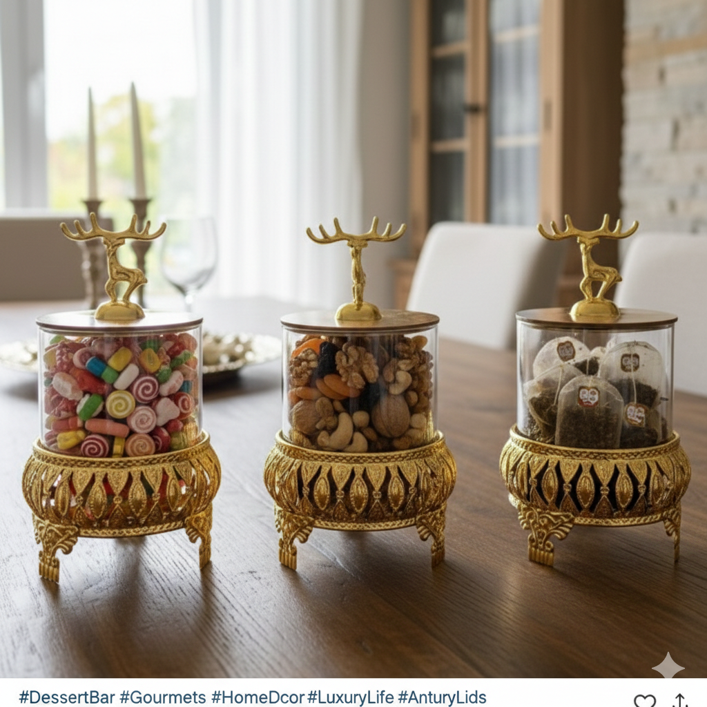 Royal 3-Pcs Golden Base TintedGlass Jars with Lid (1129)