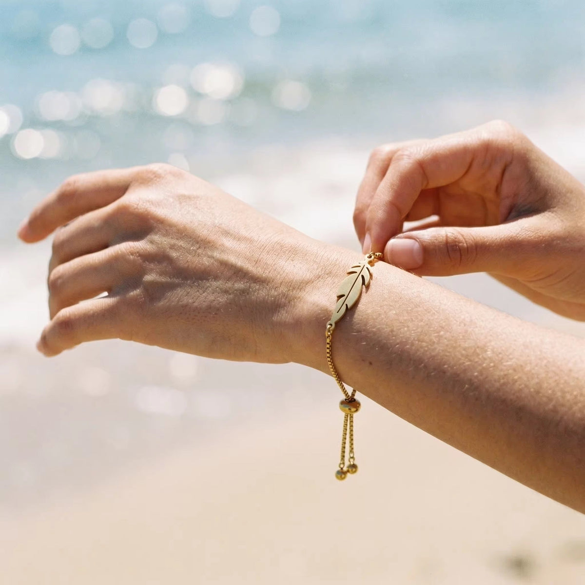 Bohemian Gold Feather Adjustable Bolo Bracelet