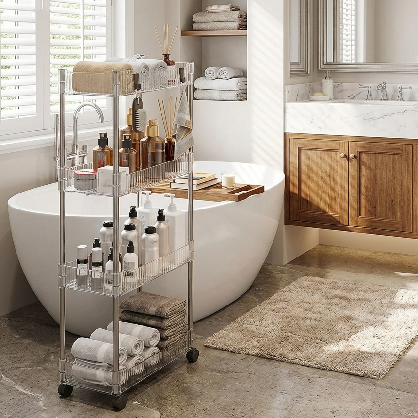 Ribbed & Slim 4-Tier Moveable Acrylic Trolley