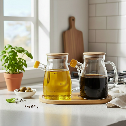 DuoPour Premium Glass Oil & Vinegar Set with Wooden Tray (1157)