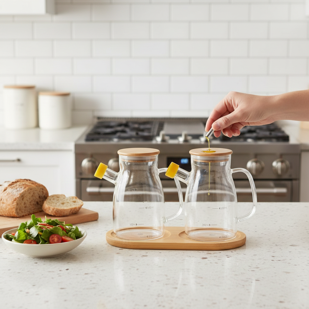DuoPour Premium Glass Oil & Vinegar Set with Wooden Tray (1157)