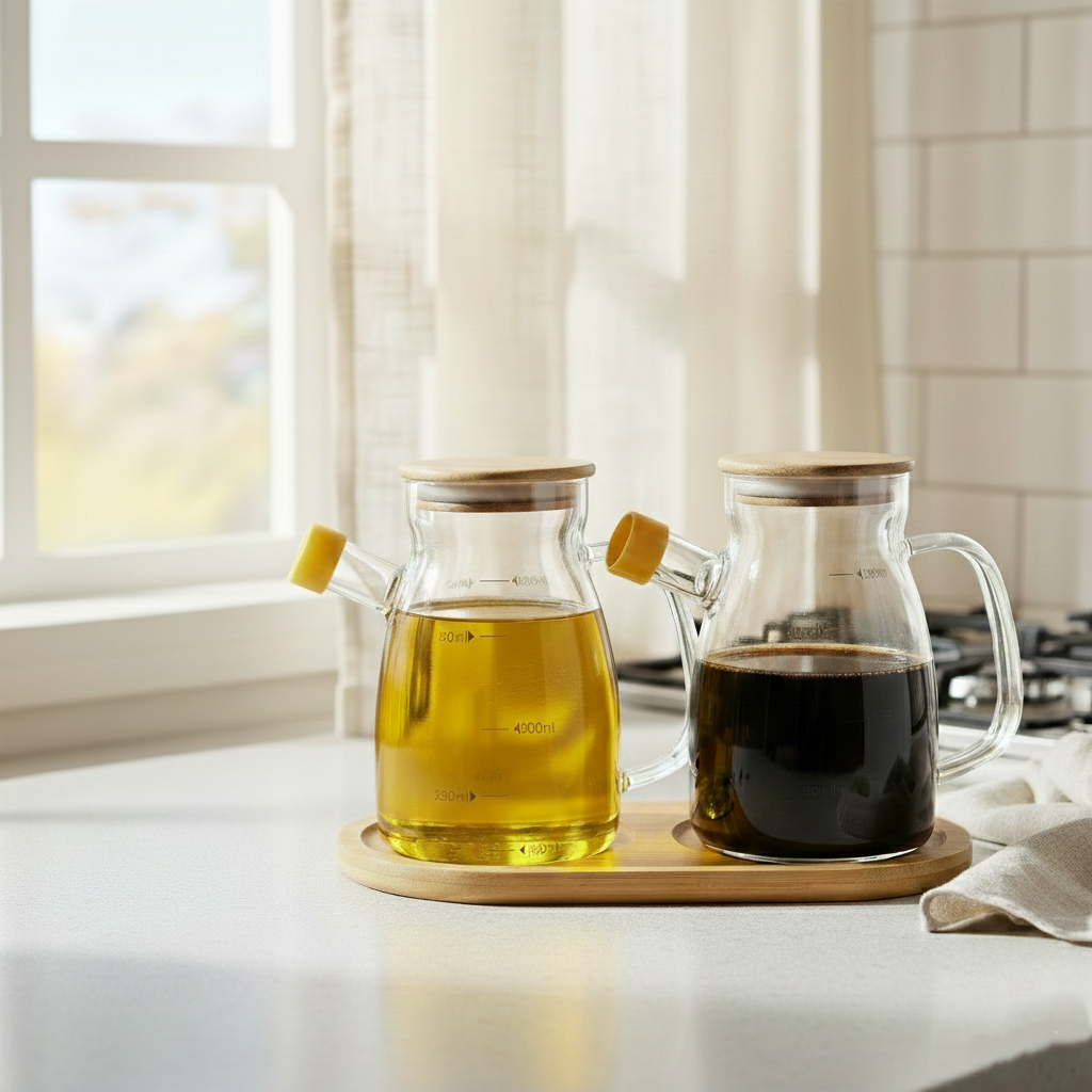 DuoPour Premium Glass Oil & Vinegar Set with Wooden Tray (1157)