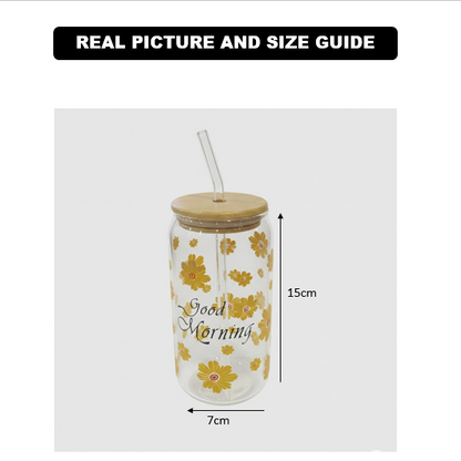 SunDaisy Printed Glass Tumbler with Straw