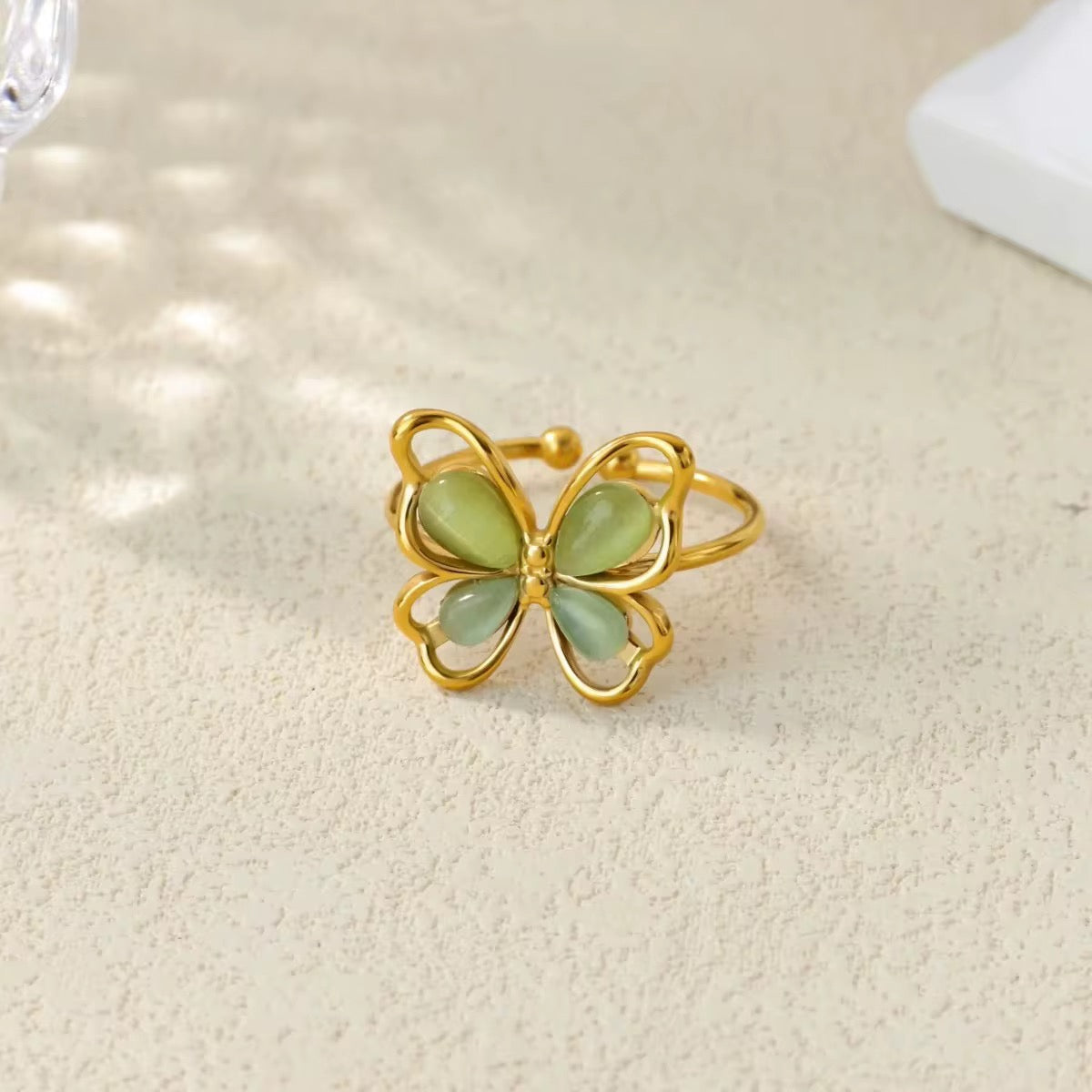 18K Gold Plated Green Butterfly Adjustable Ring