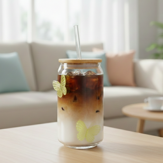 LumiButterfly Glass Tumbler with Straw