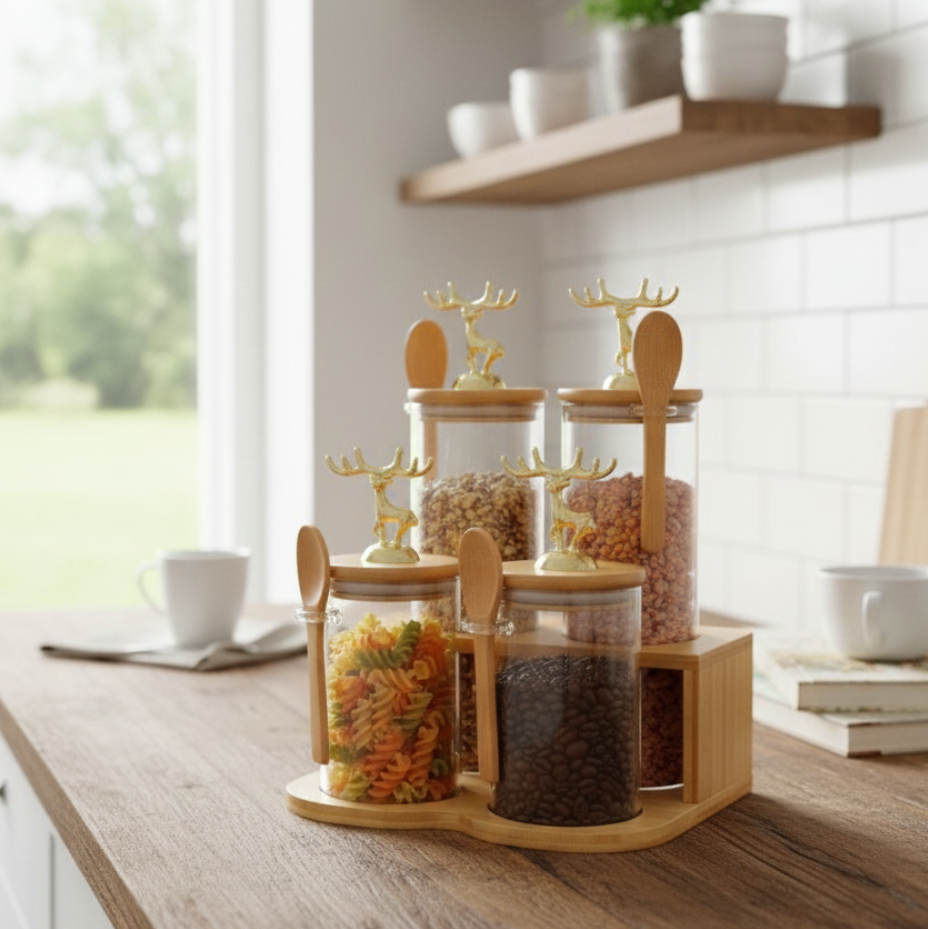 TintedGold 4-Pcs Airtight Storage Jars Set (1105) with Bamboo Spoon & Stand