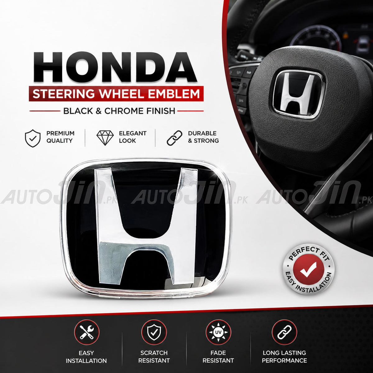 Honda Steering Wheels Logo Emblem Black & Chrome