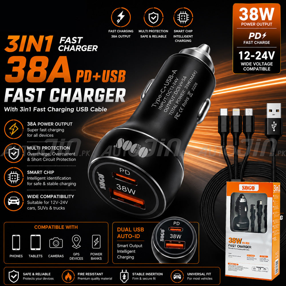 Sogo Fast Charger 3 in 1 PD+USB Port 38W