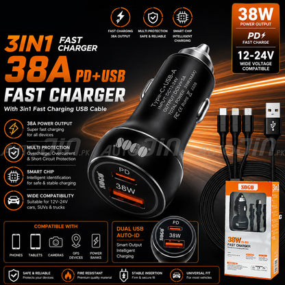 Sogo Fast Charger 3 in 1 PD+USB Port 38W
