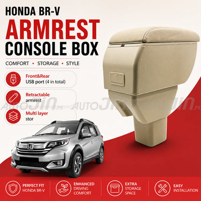 Sogo Honda BR-V 2017-2026 Leather Armrest Console With Usb 4 Ports - Beige