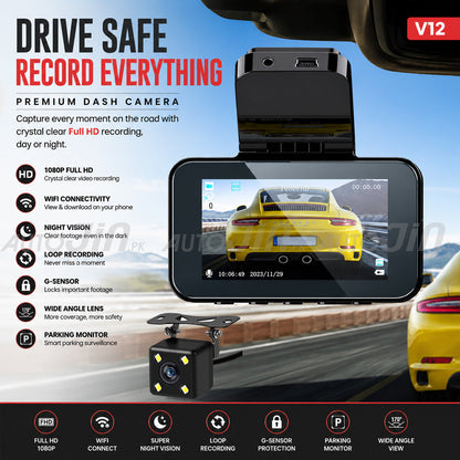 V12 WiFi Dual Lens 1080P Full HD Dash Camera with Rear Camera | Car DVR Video Recorder