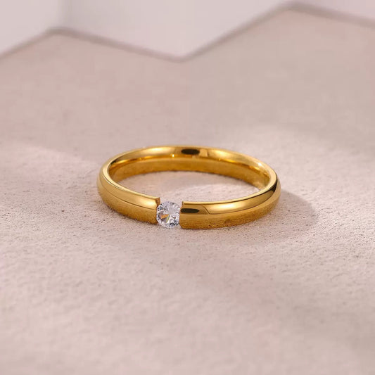 18K Gold Plated Crystal Solitaire Ring - Size 7