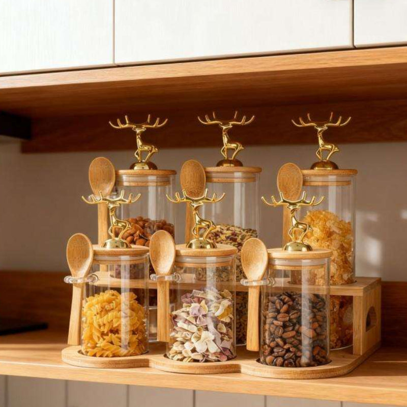 TintedGold 6-Pcs Airtight Storage Jars Set (1106) with Bamboo Spoon & Stand