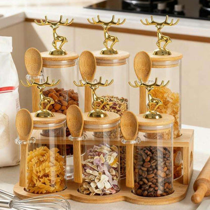 TintedGold 6-Pcs Airtight Storage Jars Set (1106) with Bamboo Spoon & Stand