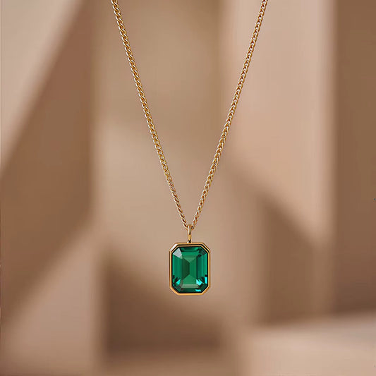Emerald-Cut Green Crystal Pendant Necklace