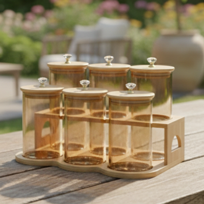 TintedDiamond 6-Pcs Glass Jar Set with Bamboo Stand (1119)