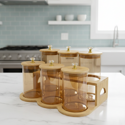 TintedDiamond 6-Pcs Glass Jar Set with Bamboo Stand (1119)