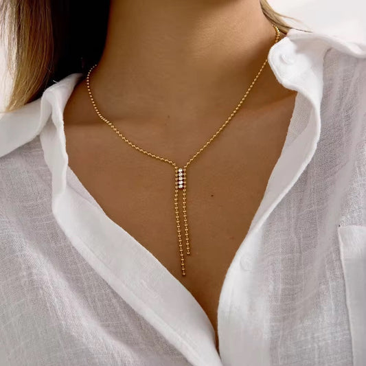 Minimalist Crystal Y-Lariat Ball Chain Necklace