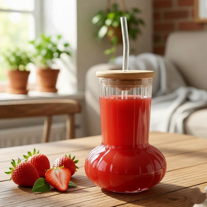 Modish Glass Tumbler with Wooden Lid & Glass Straw