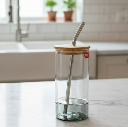 Round Glass Tumbler & Straw with Wooden Airtight Lid