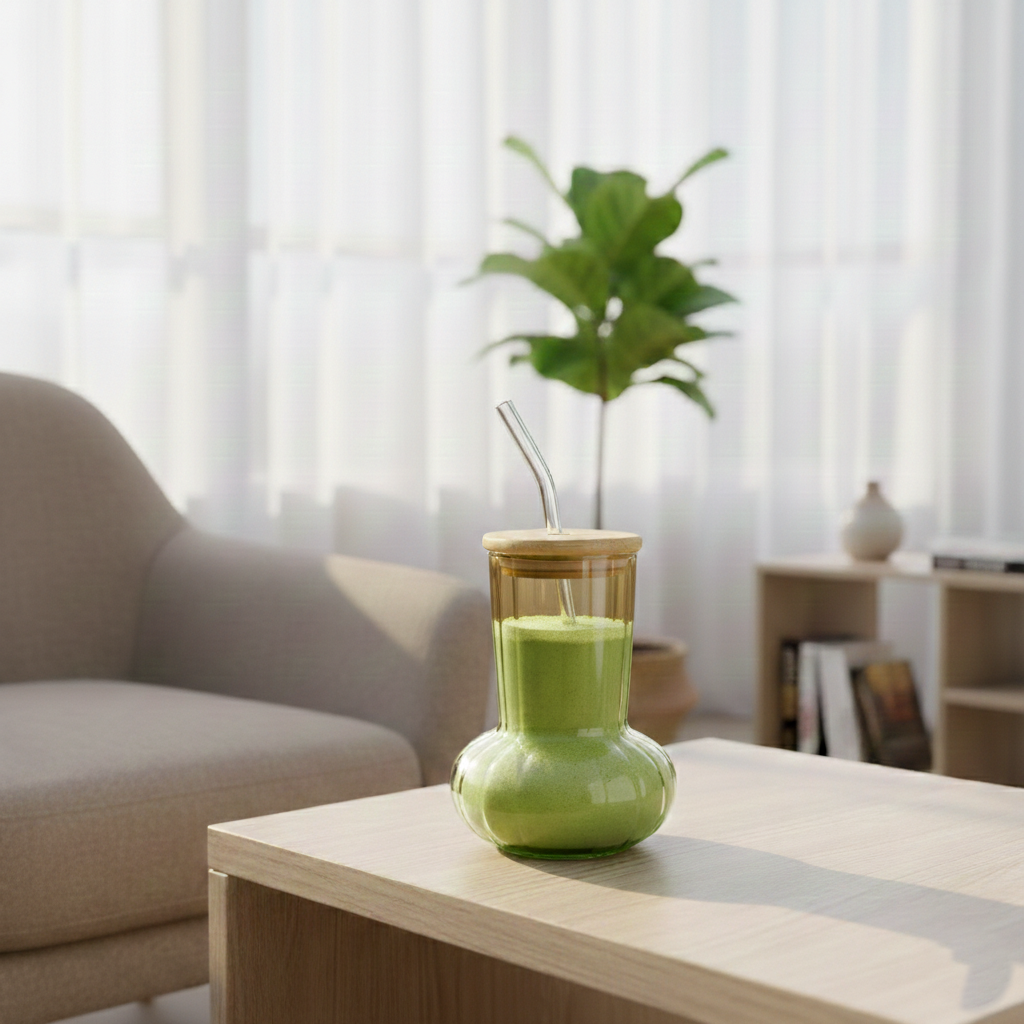 Modish Glass Tumbler with Wooden Lid & Glass Straw