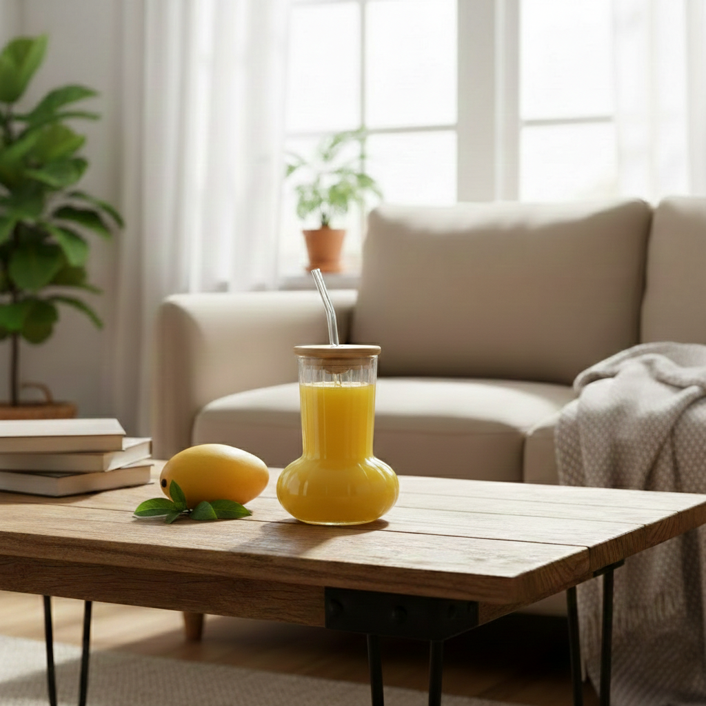 Modish Glass Tumbler with Wooden Lid & Glass Straw