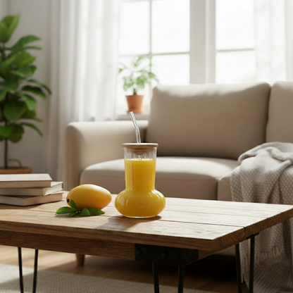 Modish Glass Tumbler with Wooden Lid & Glass Straw
