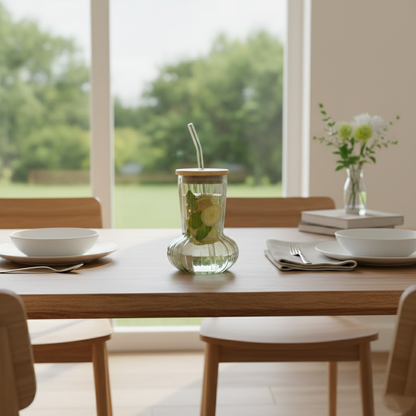 Modish Glass Tumbler with Wooden Lid & Glass Straw