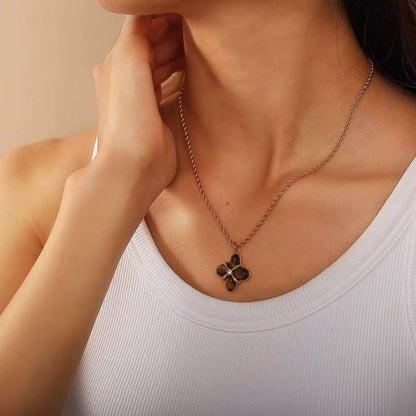Gold Tone Brown Flower Pendant Necklace