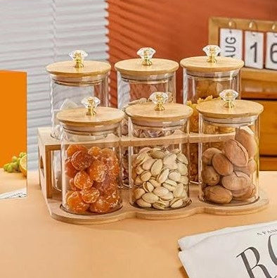 DiamondTop 6-Pcs Glass Jar Set with Bamboo Stand (1118)