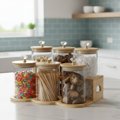 DiamondTop 6-Pcs Glass Jar Set with Bamboo Stand (1118)