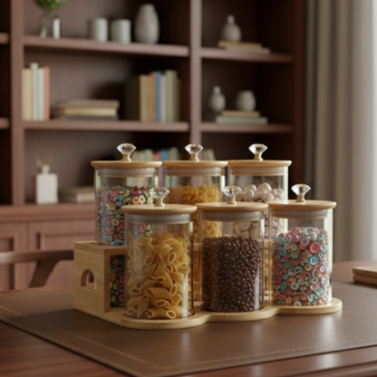 DiamondTop 6-Pcs Glass Jar Set with Bamboo Stand (1118)