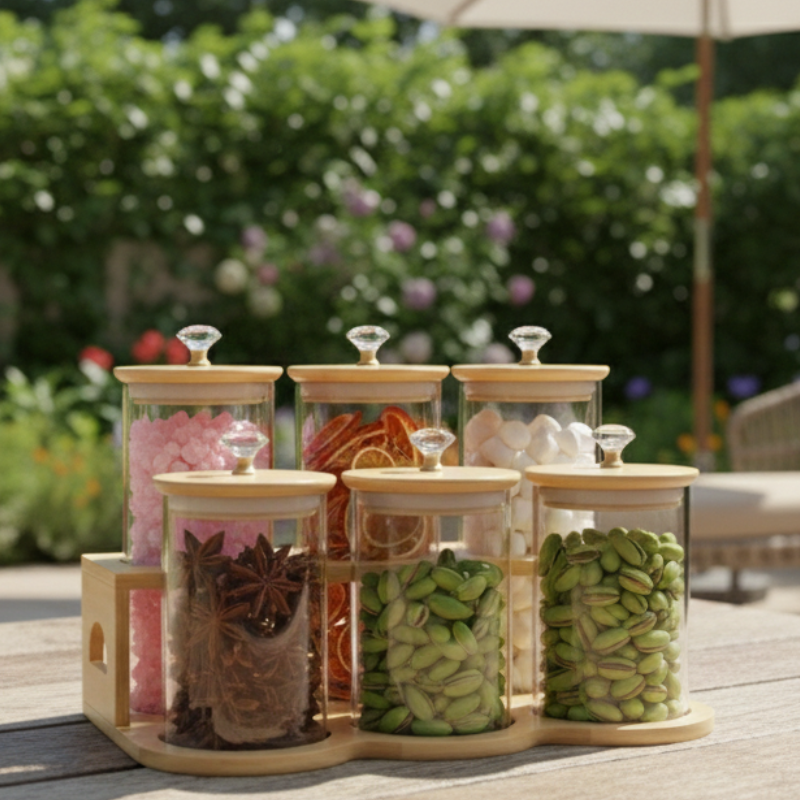 DiamondTop 6-Pcs Glass Jar Set with Bamboo Stand (1118)