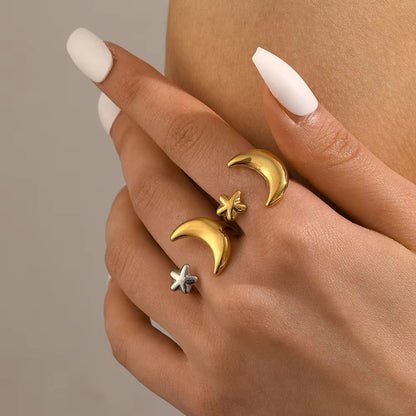 Celestial Crescent Moon & Star Open Ring