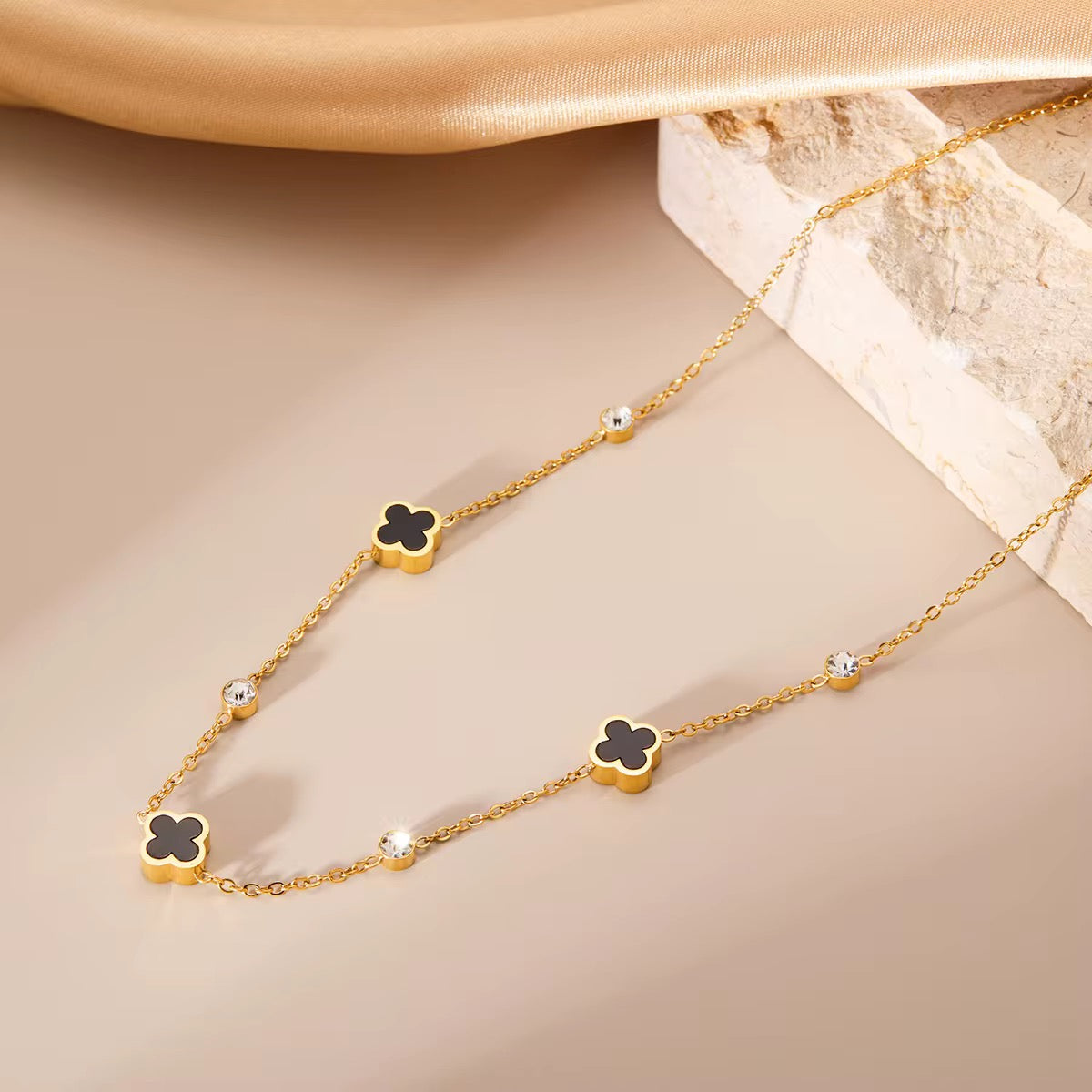 Vintage Black Clover Crystal Station Necklace