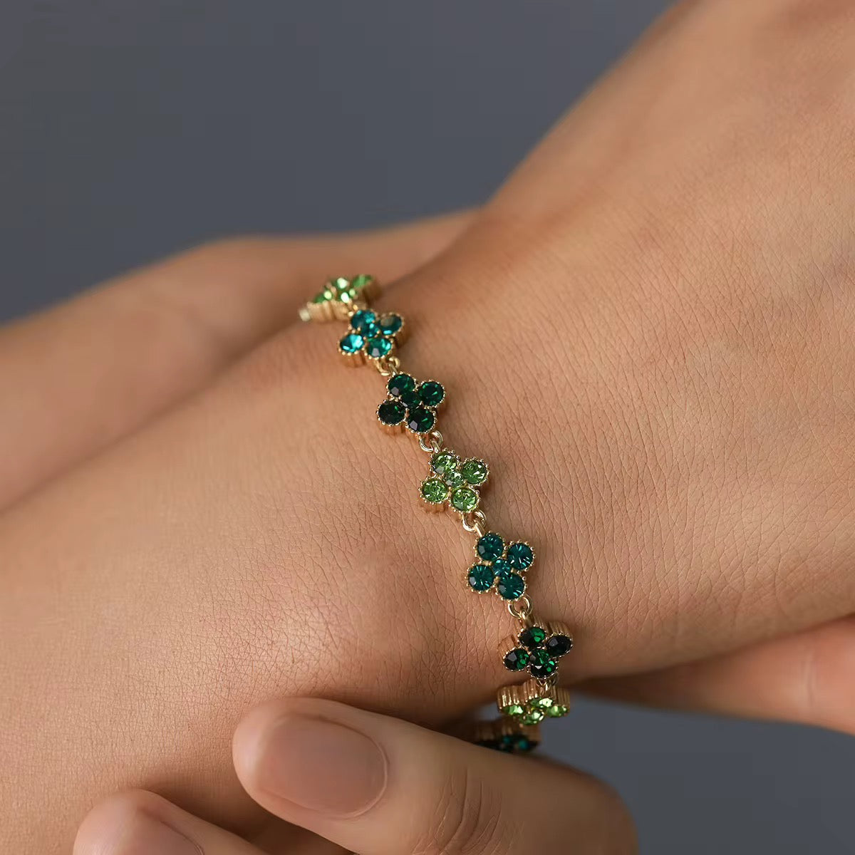18K Gold Plated Green Crystal Flower Link Bracelet