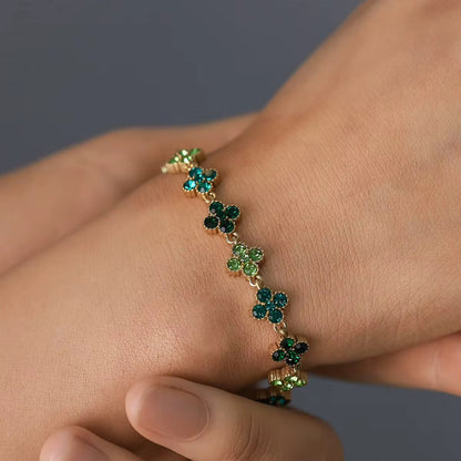 18K Gold Plated Green Crystal Flower Link Bracelet