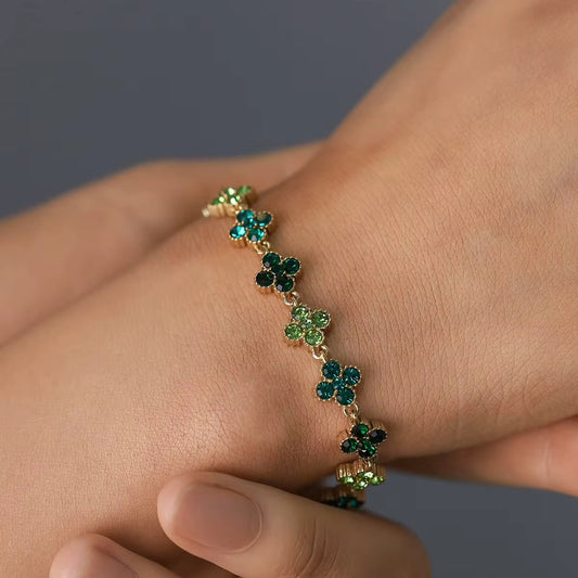 18K Gold Plated Green Crystal Flower Link Bracelet